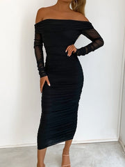 off shoulder ruched mesh bodycon dress