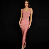 Hoobd Satin Corset Dress 2 Layer Lining Elastic Boned Underwire Split Cut out Bodycon Dresses Woman Sexy Party Dress