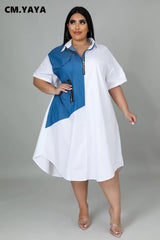 Plus Size Women Patchwork Zipper Turn-down Neck Loose A-line Shirt Style Dress Elegant 2022 Summer Fashion Dresses