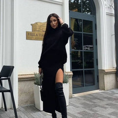 Women Casual Solid Knitted Slim Sweater Warm Suit Long Sleeve Stand Collar Pullover and Side Split Skirt Winter New Fashion