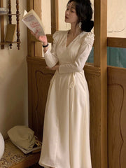 Hoobd New Women Elegant Midi Satin Dress Long Sleeve Party Vestidos One Piece Drawstring Slim Spring Clothes