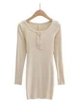 Women Fashion Slim-fit Solid Mini Dress Vintage O-Neck Long Sleeves Single Breasted Female Chic Lady Dresses