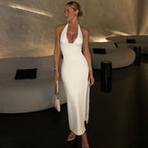 Hoobd Sleeveless Halter Backless Bodycon Slit Prom Maxi Dress Women Elegant Birthday Party Nightclub Evening Vacation Long Dresses