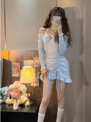 Hoobd Bodycon Wrap Sexy Dress Women Korean Style Design Kawaii Ruffles Lolita Short Dresses Lace Robe Female Autumn