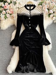 Autumn Women Black Mesh Patchwork Velvet Party Dress Elegant Stand Collar Flare Long Sleeve Ruffle Mermaid Robe Female 2023 New
