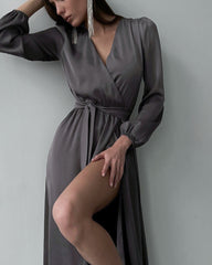 Long Dress Slit Deep v-Neck Temperament Elegant Casual Solid Color Long-Sleeved Robe Female With Belt For Party 2023 Fashion