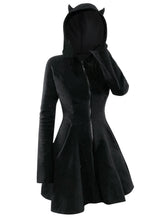 Hoobd Animal Hooded Zip Up Velour Dress A Line Mini Solid Color Long Sleeve Coat Robe For Women Fall WInter