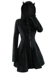 Hoobd Animal Hooded Zip Up Velour Dress A Line Mini Solid Color Long Sleeve Coat Robe For Women Fall WInter