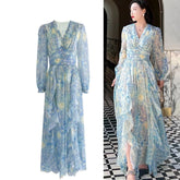 Vintage Painting Artistic Van Gogh Print Ruffles Chiffon Long Party Dress