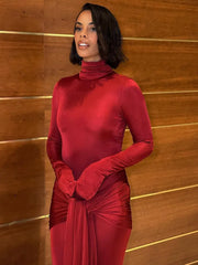 High Neck Long Sleeve Bodycon Dress For Women Tight Elastic Lace Up Maxi Long Dress Autumn 2024 New Party Club Vestidos