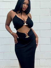 2023 Summer Cut Out Long Dress Black Sleeveless Women Metal Sexy Backless Halter Neck Maxi Dresses Party Club Clothes