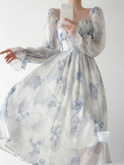 2023 Summer French Elegant Floral Midi Dress Party Chiffon Vintage Fashion Dress Beach Long Sleeve Casual Dress Office Lady Chic