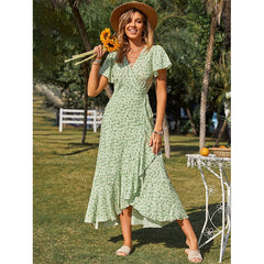 2023 New Boho Wrap Dress V-neck Flying Sleeve Maxi Dress Mujer Printing Sweet Long Dresses Chic Vestidos Ruffled Bandage Dress
