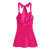 Backless Rose Red Halter Satin Dress Summer Sleeveless Short Party Club Sundress Bowknot Lace Up Maxi Dress Vestidos