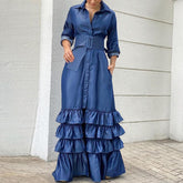 Hoobd Retro Turn-down Collar Long Sleeve Belt Dress Women Fashion Layered Ruffle Cake Dress Fall Single Breasted Elegant Party Dresses