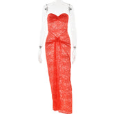 Women Strapless Backless Sexy Dress Lace Hollow Out Ruched Off Shoulder Midi Dress Ladies Chic Slim Outfits 2023
