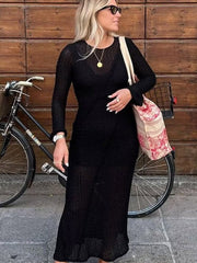 Woman Elegant Solid Full Sleeve Dresses 2023 Summer Female O-Neck Backless Streetwear Long Robe Ladies Fashion Belt Slim Dress