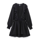 New Spring Women Ruffled Dotted Black Dress Long Sleeve Elastic Waist Female Vintage Dresses Short Vestidos