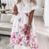 Vintage Floral Print Short Sleeve Beach Dress
