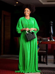 Women Pleated Dress Half Lantern Sleeves O Neck High Waist Maxi Long Summer Spring African Female Gown Elegant Classy 2023