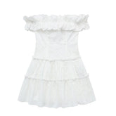 Beach Style Vacation Summer Dress Women Clothes Sweet White Cutwork Embroidery Dress Ruffle Trim Off Shoulder Short Dresses