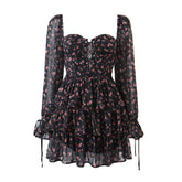 Fashion Women Vintage Floral Print Chiffon Dress Sexy Semi-Sheer Long Sleeve Layered Ruffle Ladies Short Dress