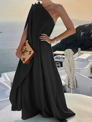 Women Sexy Off Shoulder Boho Long Dress Elegant One Shoulder Loose Party Dress Summer Fashion Button Solid Beach Maxi Dress
