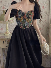 Flower Print Retro Elegant Dress Women Puff Sleeve French Vintage Midi Dress Female Patchwork Designer Princess Sweet Dress 2023