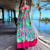 Fashion Floral Printing V-neck Sling Bohemian Dress Casual Womens Loose Beach Dress Summer Sexy Halter Backless Long Party Dress