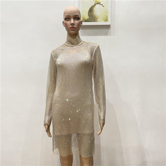 Sexy Black Mesh Diamond Bandage Dress Women Fall New Fashion Party Dress High Neck Long Sleeve Bodycon Mini Vestido 92cm
