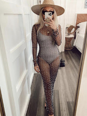 Women Fashion Sexy See-through Beach Long Dress Ladies Bright Diamond Beads Robe Female Summer Mesh Long-sleeved Dress
