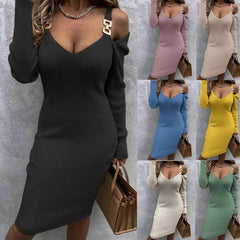 Autumn Winter Women's Casual Solid Color Long-sleeved Knitted Bodycon Dress V Neck Off Shoulder Sexy&Club Elegant New Dress