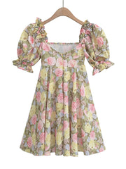 Hoobd Summer Women Rose Floral Print Dress Sexy Backless Puff Sleeve Ladies Holiday Party Mini Dresses