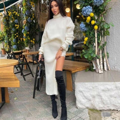 Women Casual Solid Knitted Slim Sweater Warm Suit Long Sleeve Stand Collar Pullover and Side Split Skirt Winter New Fashion
