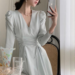 Hoobd New Women Elegant Midi Satin Dress Long Sleeve Party Vestidos One Piece Drawstring Slim Spring Clothes