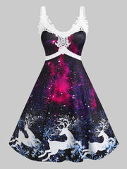 5XL Women Vintage Dresses Lace Panel Elk Print 3D Galaxy Christmas Dress Eyelets Mixed High Low Party Dress Vestido
