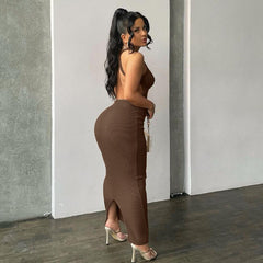 Hoobd Ribbed Solid Summer Dresses For Women Backless Sleeveless Sexy Slit Mini Dress Bodycon 2023 Outfits Elegant Party Y2K