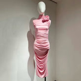 2023 New Summer Women's Sleeveless Pleated Flowers Pink Gold Midi Elegant Party Prom Dress Sexy Birthday Dress