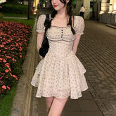 2023 Summer French Vintage Floral Mini Dress Woman Beach Elegant One Piece Dress Korean Fashion Bow Sweet Short Party Dress Chic