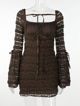 Elegant Multilayer Lace Backless Mini Dress Women Brown Square Collar Long Flare Sleeve Club Party Sexy Dress Autumn