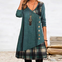 Fashion Long Sleeve V Neck Midi Dress Autumn Ladies Button Splicing Loose Dress New Vintage Geometric Puzzle Print A-line Dress