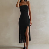 Summer White Black Sexy One Word Collar Tassel Slit Bodycon Dress