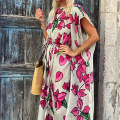 Autumn Spring Women Fashion Flowers Print O-neck Shawl Lace-up Large Swing Dress Casual Loose Waist Three-quarter Sleeve Dresses