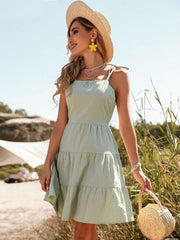 2023 New Summer Women's Green Crinkled Cotton Linen Slip Dress For Ladies Halter Solid Color A Line Causal Dresses