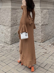 Autumn Elegant Flare Long Sleeve Off Shoulder Long Dresses for Women Sexy Halter Bandage Ruffles Split Fashion Party Dress