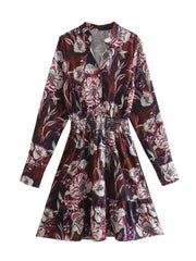 2023 Spring New Women Flowers Print Dress Elastic Waist Office Ladies Short Dress