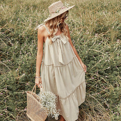 Khaki Bow Spaghetti Strap Cotton Linen Long Dress Ladies Sexy Backless Pleated Boho Dress Summer Ruffle Slim Casual Beach Dress