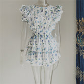 Hoobd New Arrival Summer Short Sleeve Natasha Mini Dress Women Ruffled A-line Dress Blue Print