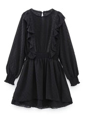 New Spring Women Ruffled Dotted Black Dress Long Sleeve Elastic Waist Female Vintage Dresses Short Vestidos