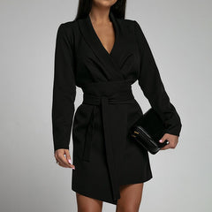 Hoobd Elegant Deep V Neck Blazer Straight Dress Women Sexy Tie-up Belted Office Mini Dress Spring Autumn Long Sleeve Solid Party Dress